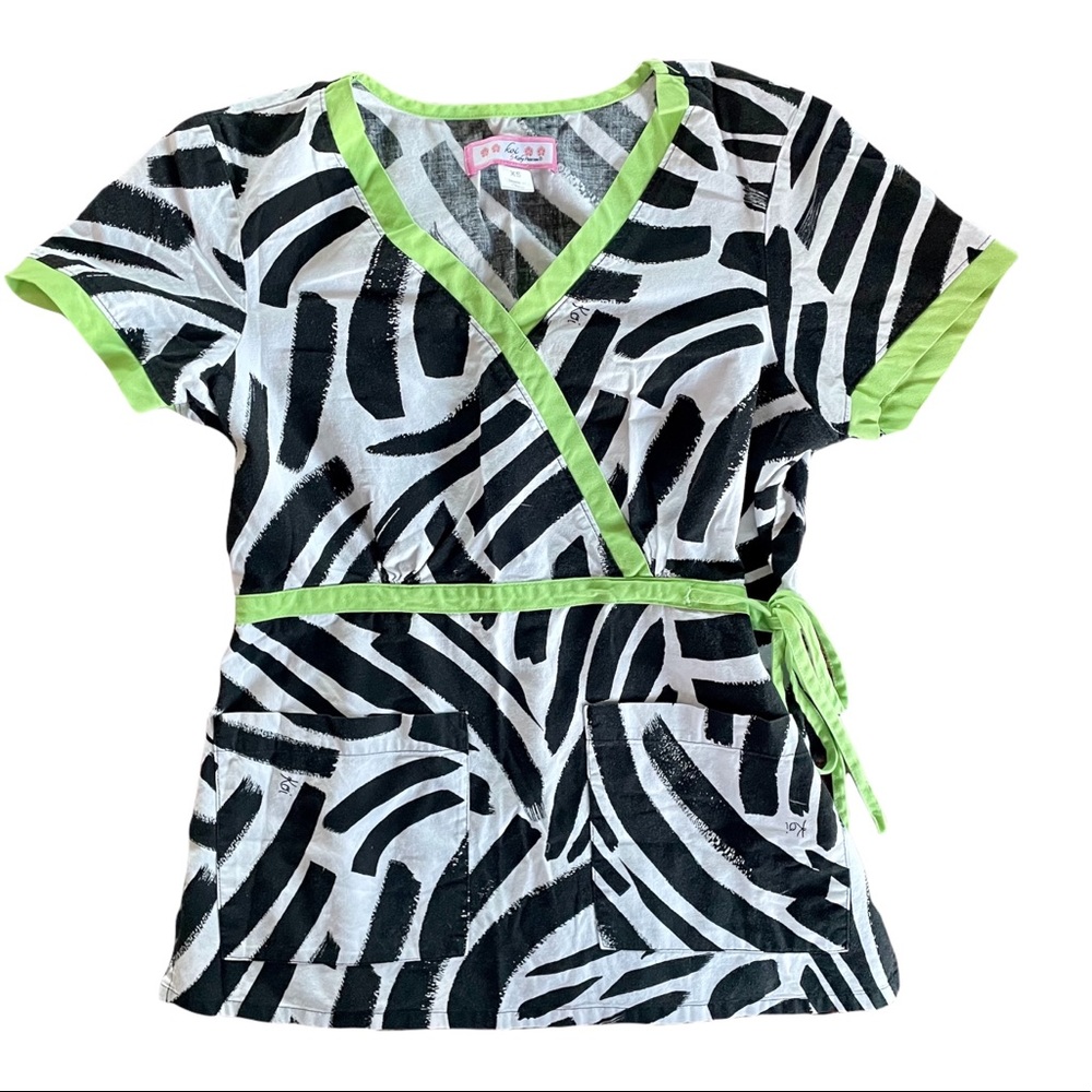 Koi xs zebra print scrub top with lime green lining